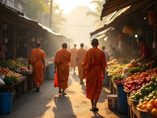 Buddhist monks collecting morning alms at Battambang central market at dawn