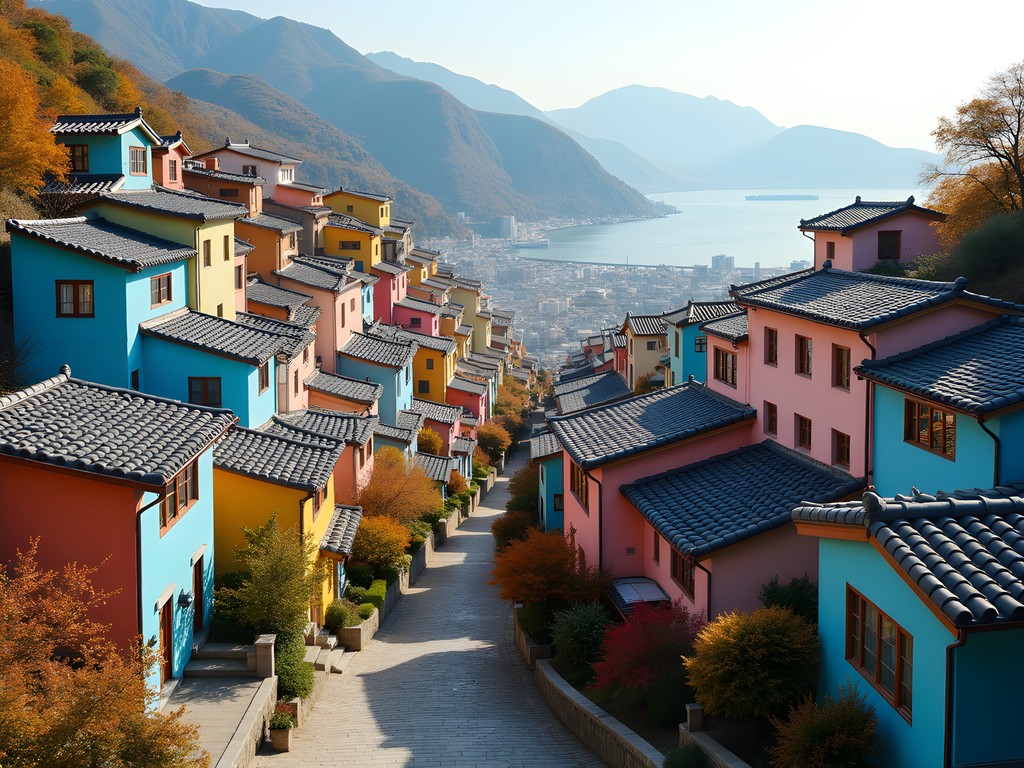 Colorful hillside houses and narrow pathways of Gamcheon Cultural Village in Busan