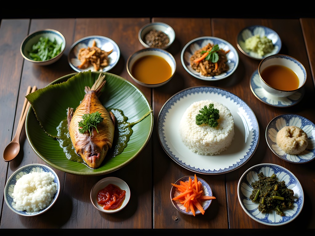 Split image comparing traditional Cambodian meal and Korean banchan spread