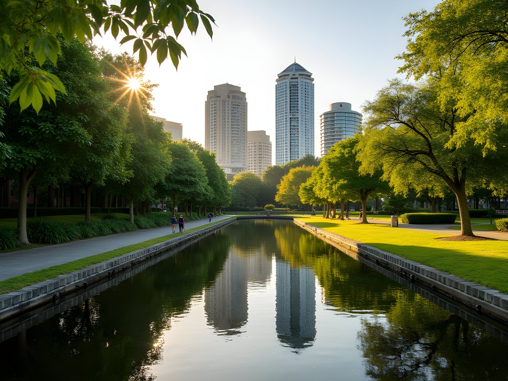 Peaceful morning at Bellevue Downtown Park with reflection pond and city skyline