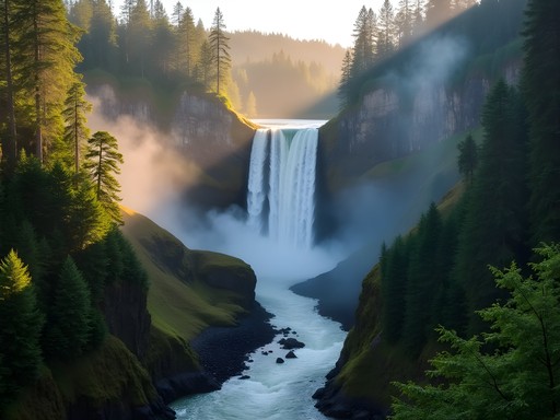 Snoqualmie Falls with morning mist rising from the powerful waterfall