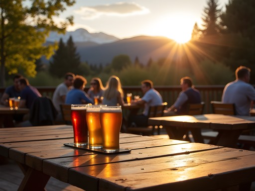 Solo traveler enjoying craft beer at outdoor brewery with Cascade Mountain sunset view