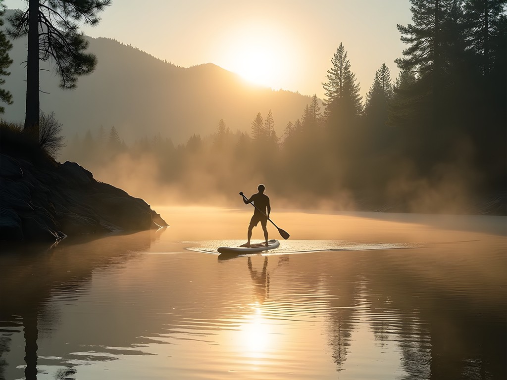 Solo paddleboarder on calm morning waters of Deschutes River in Bend