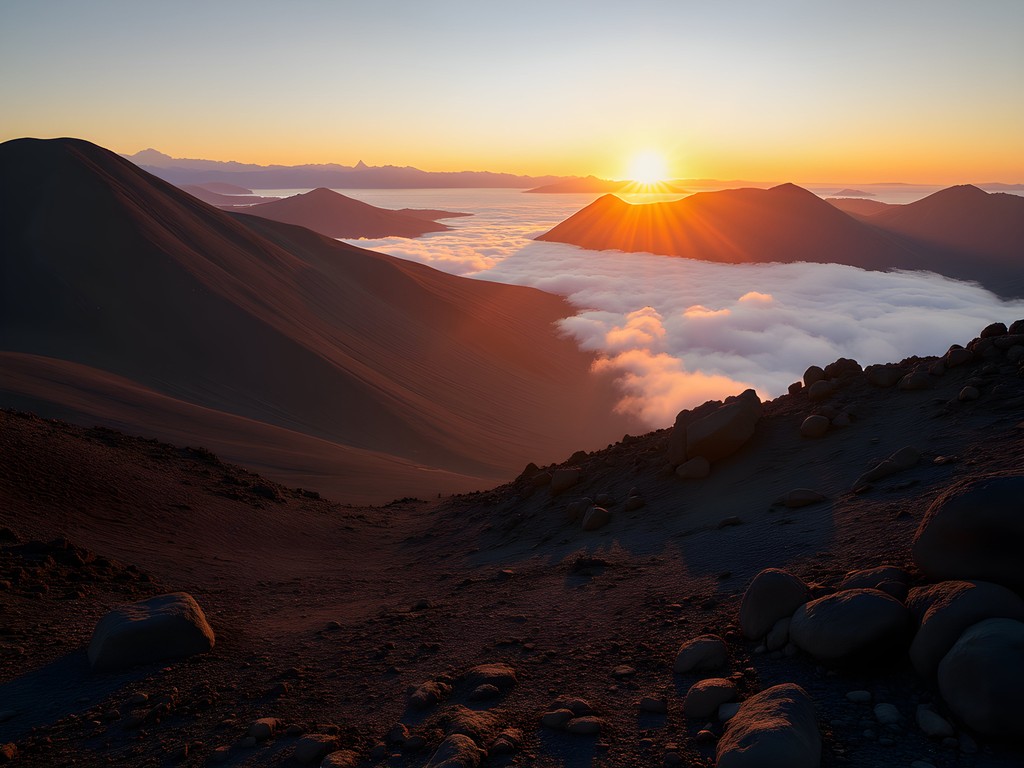 Sunrise over Newberry National Volcanic Monument with Cascade Mountains in background