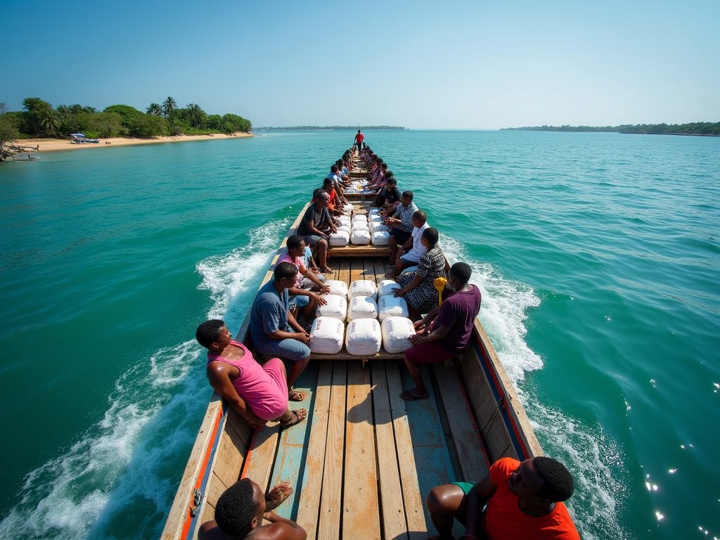 Traditional wooden boat journey to Bijagós Archipelago from mainland Guinea-Bissau