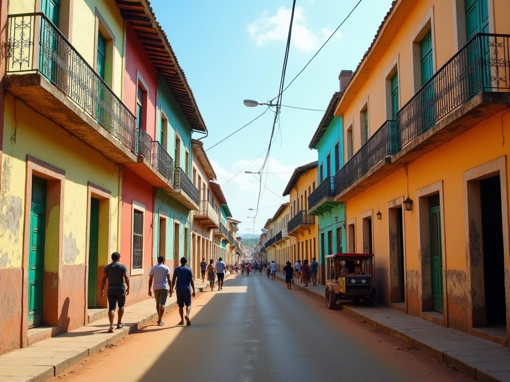 Colorful colonial buildings in Bissau Velho (Old Town) with local street life