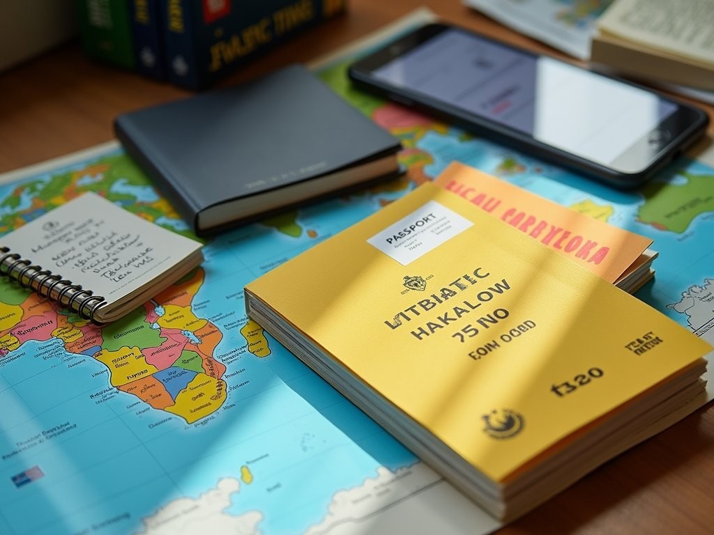 Travel preparation materials for Guinea-Bissau including maps, guidebooks, and vaccination records
