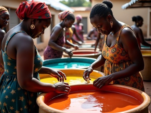 Traditional cloth dyeing at women's cooperative in Bissau, Guinea-Bissau