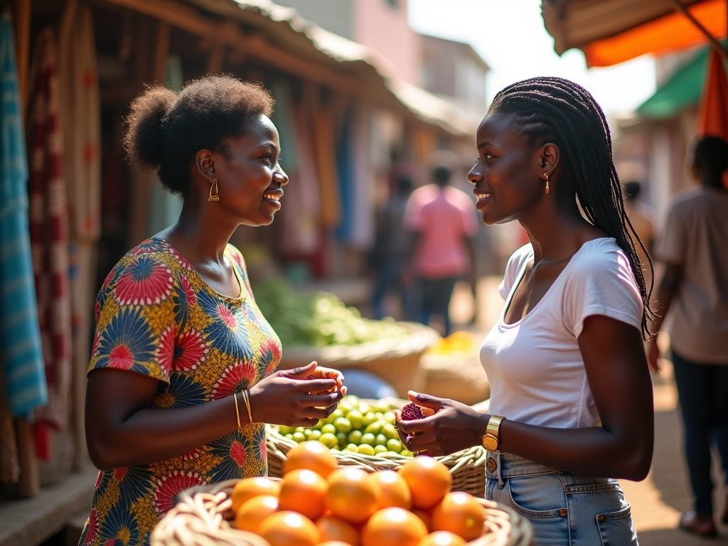 Female solo traveler interacting with local women at Bissau market