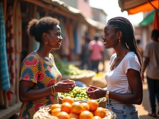 Female solo traveler interacting with local women at Bissau market