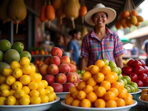 Colorful exotic fruit display at Paloquemao Market in Bogota