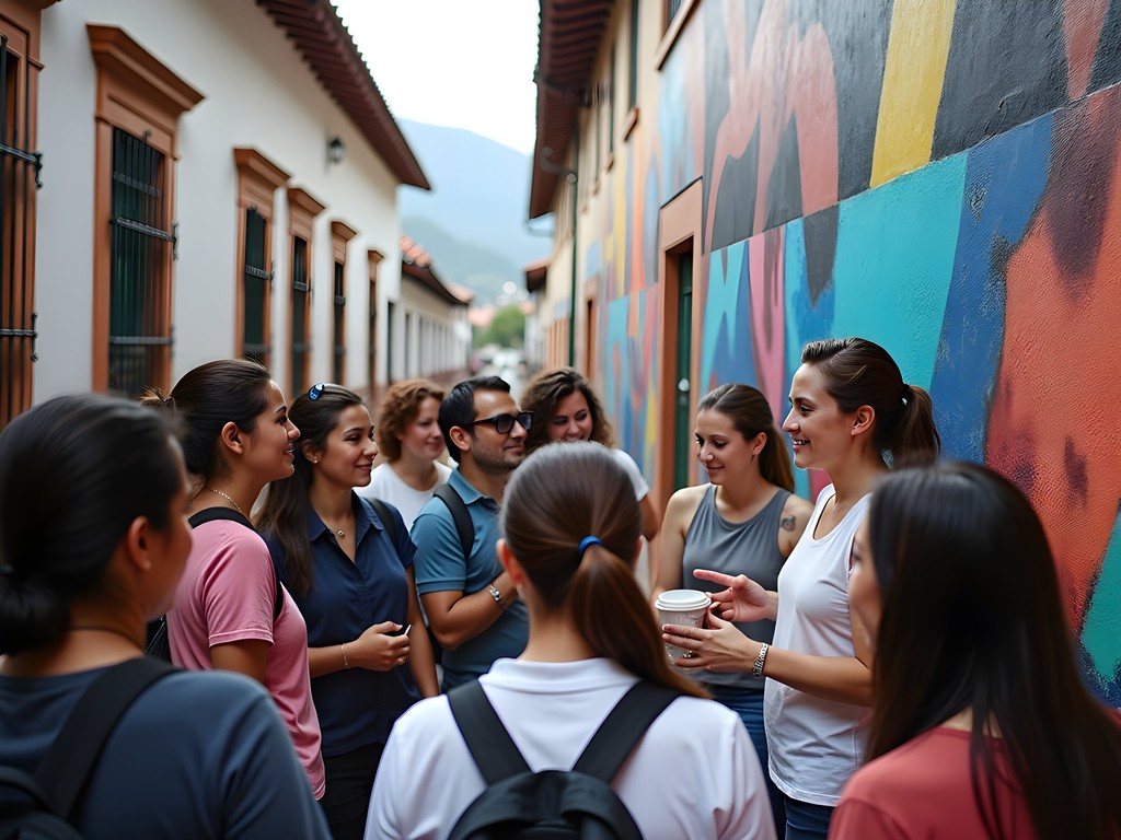 Local guide explaining political context of Bogota street art to tourists