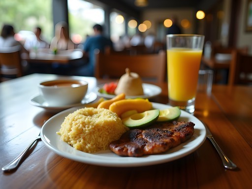 Traditional Colombian almuerzo corriente lunch with soup, meat, rice, plantains and fresh juice