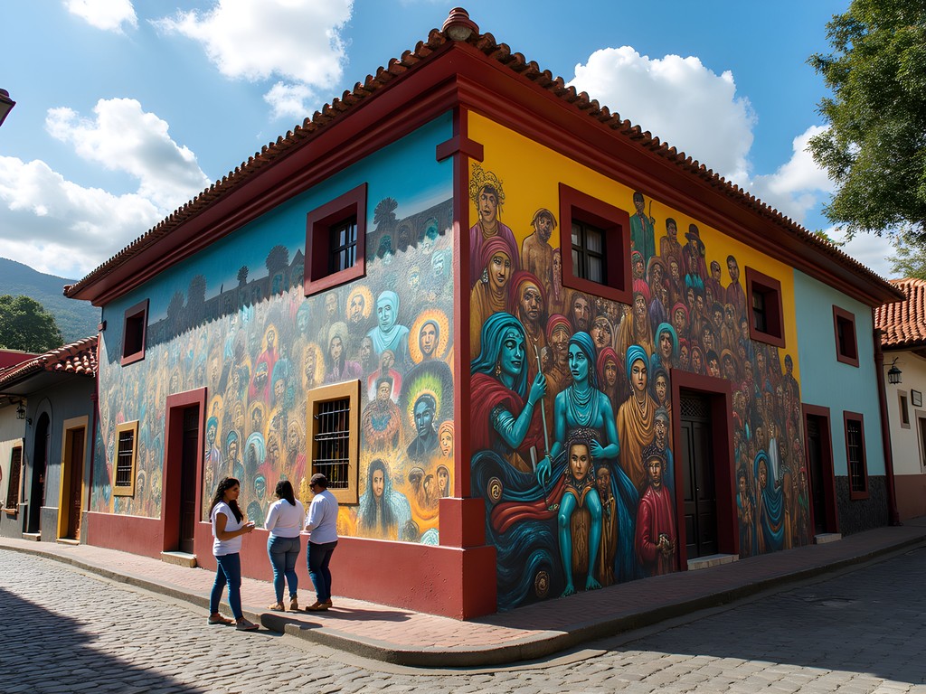 Colorful political street art mural in La Candelaria district of Bogota