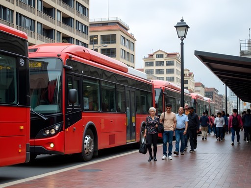TransMilenio station in Bogota with passengers safely navigating the system