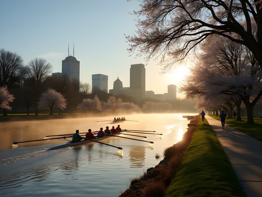 Scenic morning view of Charles River Esplanade with rowing teams and Boston skyline