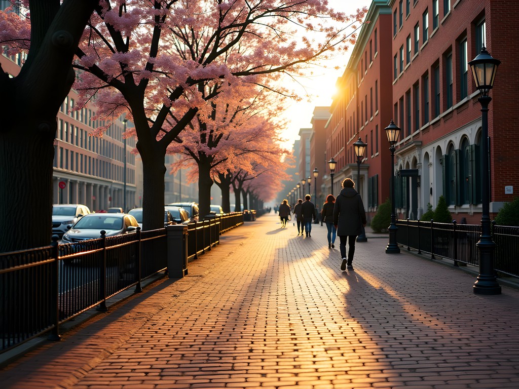 Morning light illuminating Boston's Freedom Trail with historic buildings and cherry blossoms