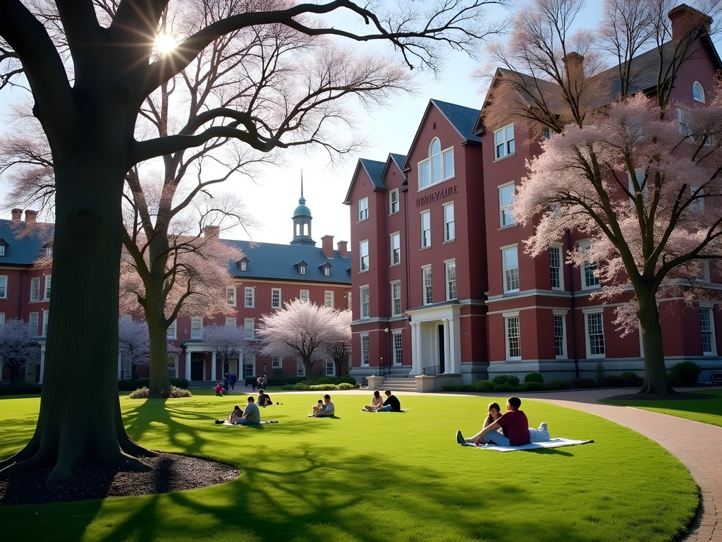 Harvard Yard in spring with historic buildings, blooming trees, and students relaxing on the lawn
