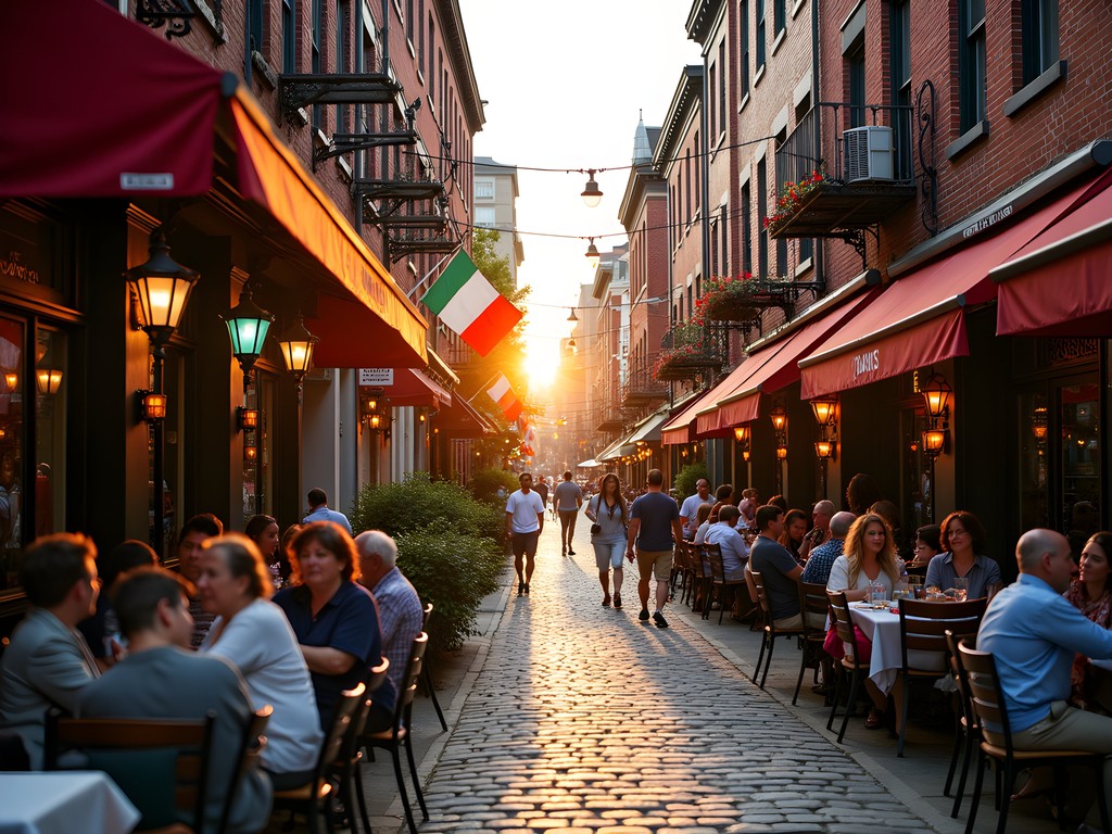 Charming narrow street in Boston's North End with Italian restaurants and historic buildings