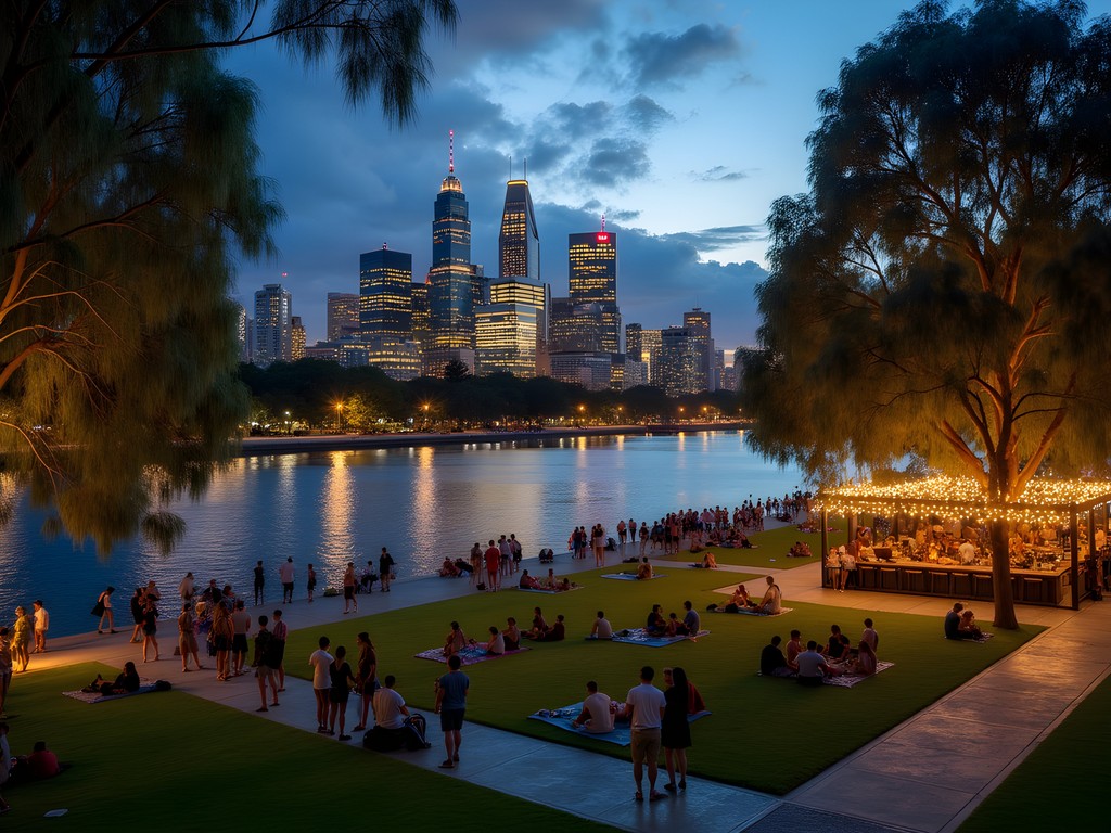 Evening social scene at South Bank Brisbane with city lights and river views