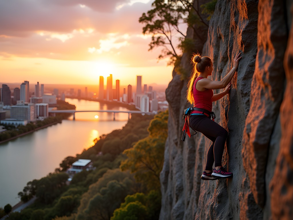 Rock climbing at Kangaroo Point Cliffs with Brisbane skyline view