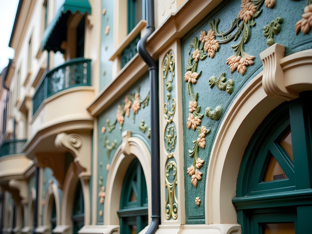 Close-up of intricate Art Nouveau architectural details on a Budapest building facade with Hungarian folk motifs