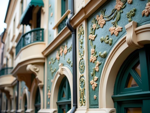 Close-up of intricate Art Nouveau architectural details on a Budapest building facade with Hungarian folk motifs