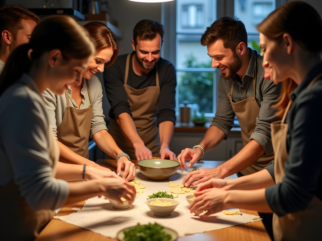 Hungarian cooking class with locals and travelers making traditional dishes in a Budapest apartment kitchen