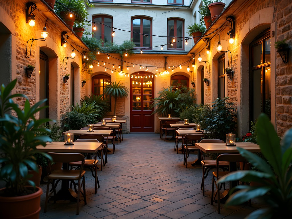 Atmospheric courtyard of a lesser-known Budapest ruin bar with string lights, eclectic furniture and greenery