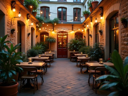 Atmospheric courtyard of a lesser-known Budapest ruin bar with string lights, eclectic furniture and greenery