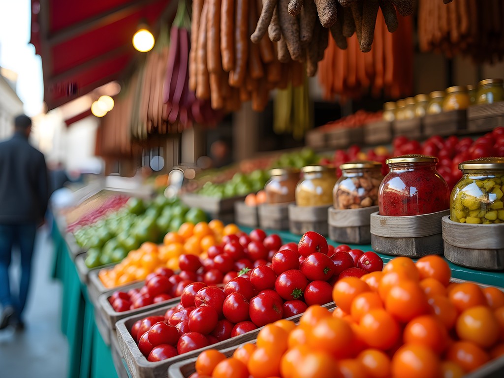 Colorful display of Hungarian produce and specialties at a local Budapest neighborhood market
