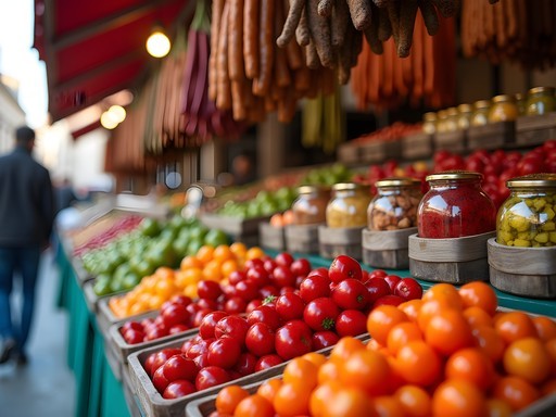 Colorful display of Hungarian produce and specialties at a local Budapest neighborhood market