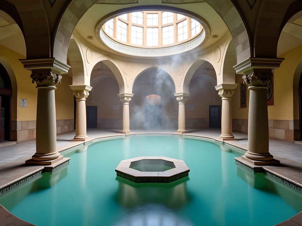 Historic Ottoman architecture of Veli Bej thermal bath in Budapest with steaming central pool and stone arches