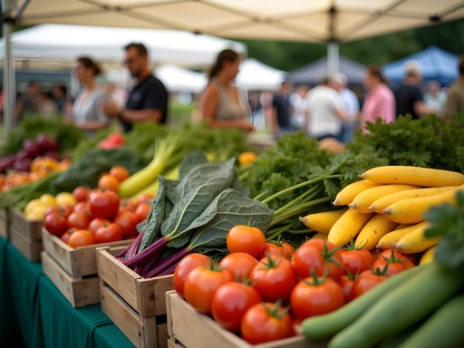 Colorful summer produce display at Burlington Farmers Market with shoppers browsing local vegetables