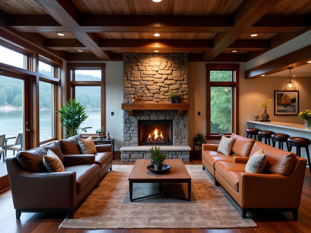 Cozy lobby of Hotel Vermont with wood-burning fireplace and local Vermont craftsmanship