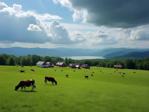 Rolling green hills of Shelburne Farms with Lake Champlain and mountains in background