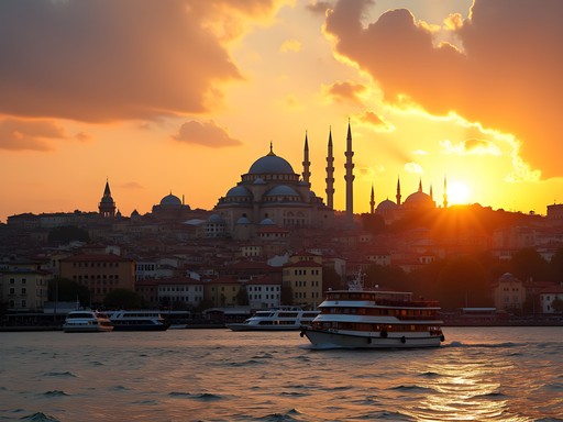Sunset view of Istanbul skyline with mosques and Bosphorus strait