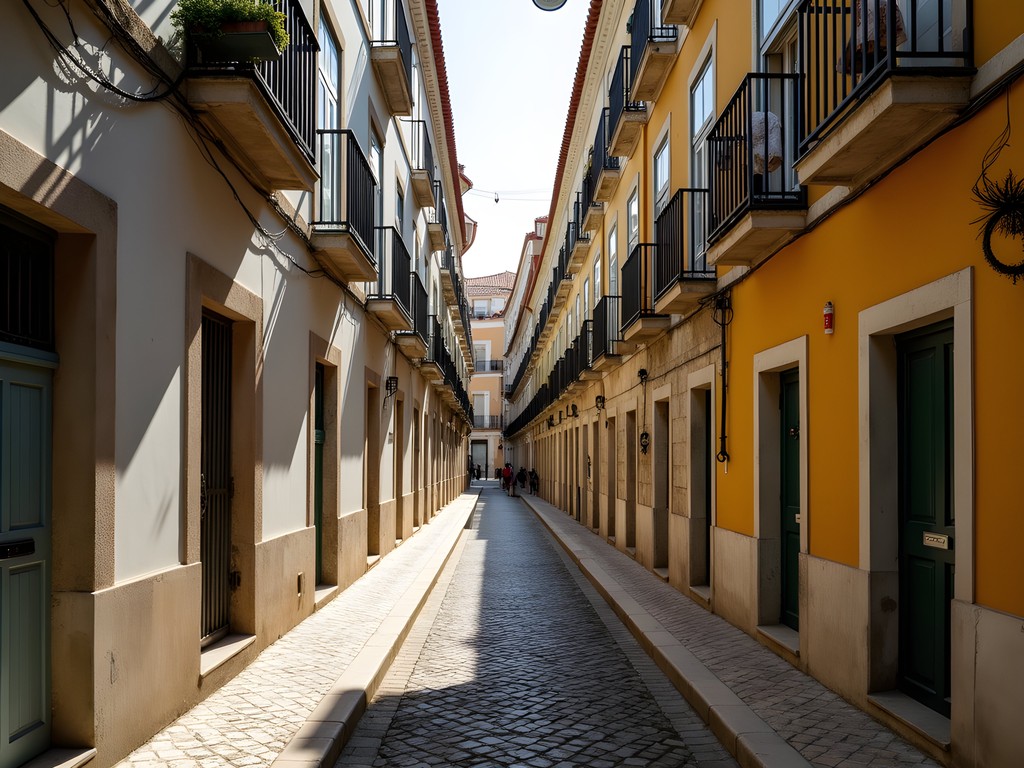 Narrow cobblestone streets of Alfama district in Lisbon with traditional buildings and laundry hanging