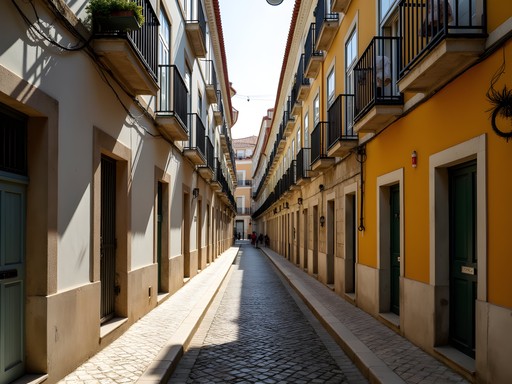 Narrow cobblestone streets of Alfama district in Lisbon with traditional buildings and laundry hanging