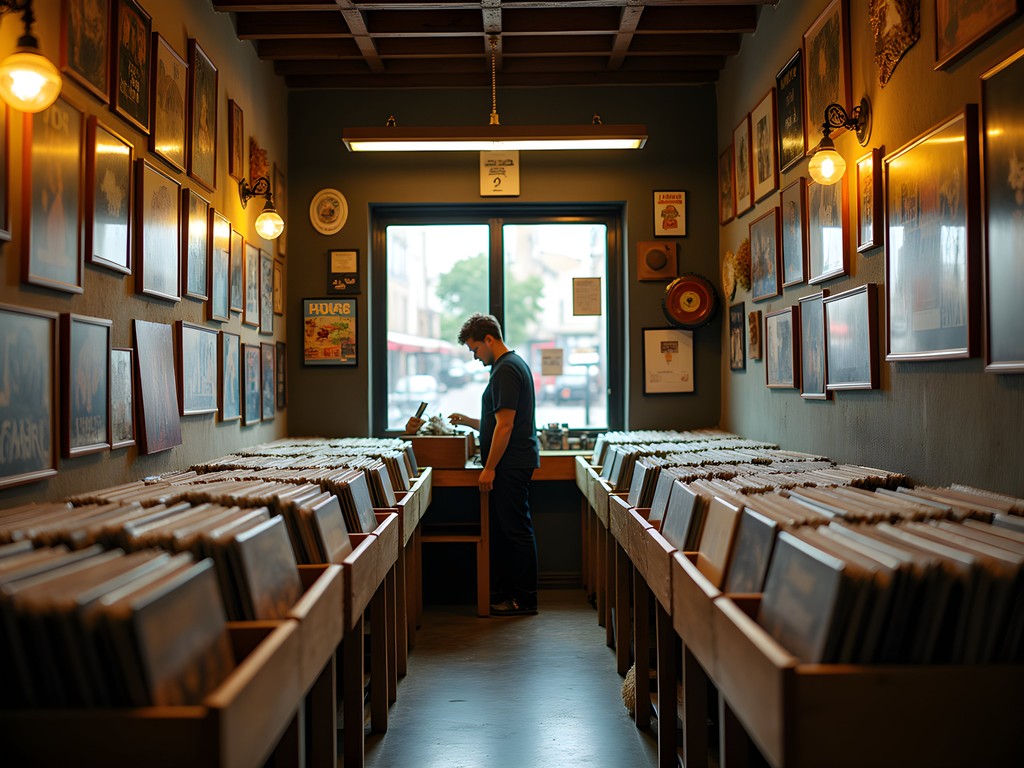Browsing vinyl records in a cozy Lisbon record shop with wooden crates and album covers on display