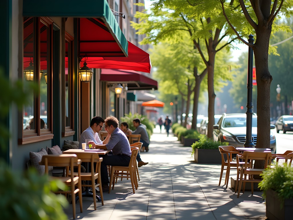 Charming cafe scene in Calgary Kensington neighborhood with outdoor seating and local atmosphere