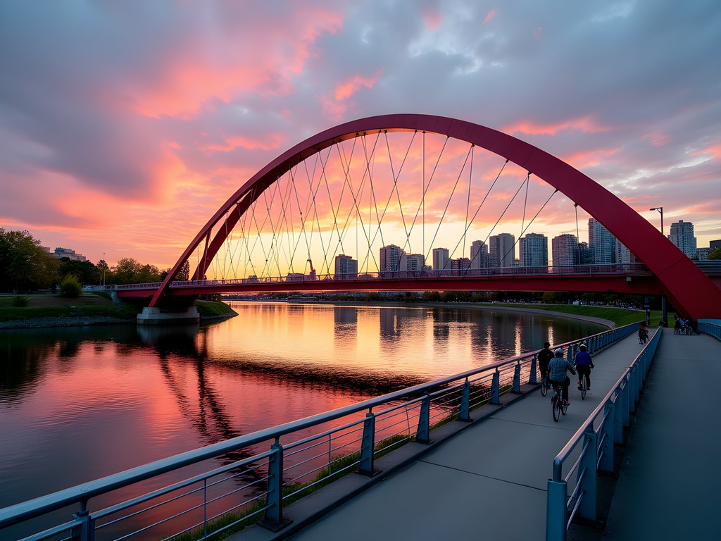 Red Peace Bridge spanning Bow River at sunset with Rocky Mountains in background Calgary
