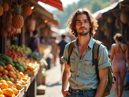 Traveler exploring colorful Mercado Alameda market in Cali Colombia with Afro-Colombian vendors and tropical fruits