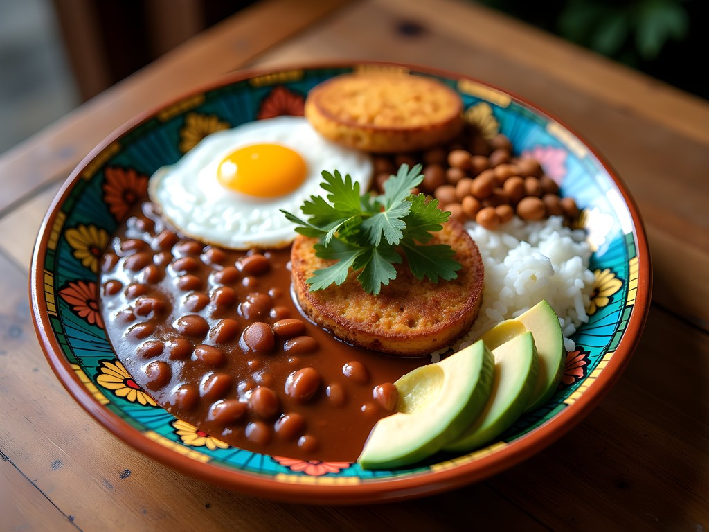 Traditional Colombian bandeja paisa dish with beans, rice, plantain, and meat on colorful ceramic plate