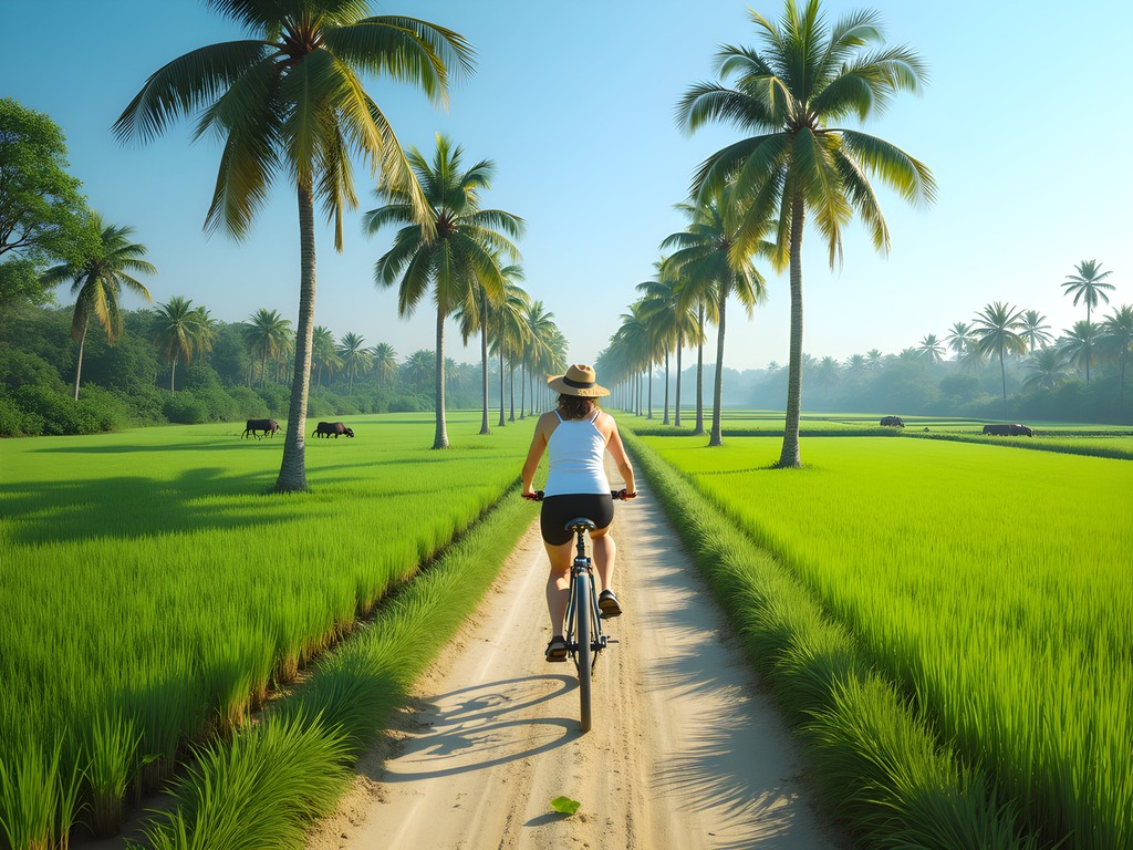 Female traveler cycling through lush Mekong Delta countryside with rice fields