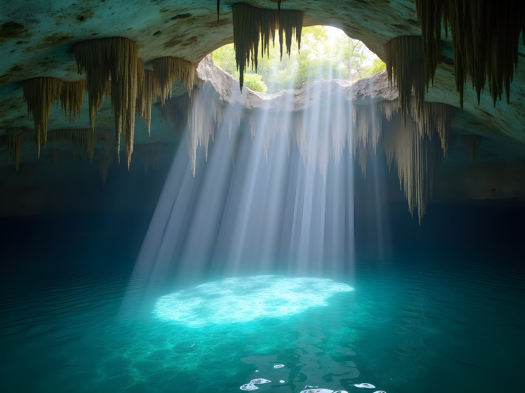 Sunlight streaming through openings at Cenote Siete Bocas near Cancun