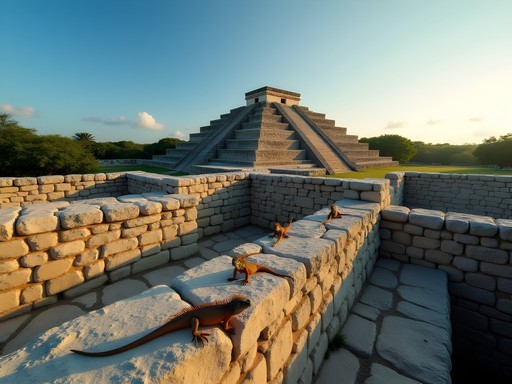 Ancient Maya ruins of El Rey Archaeological Zone in morning light with iguanas sunning on stone structures