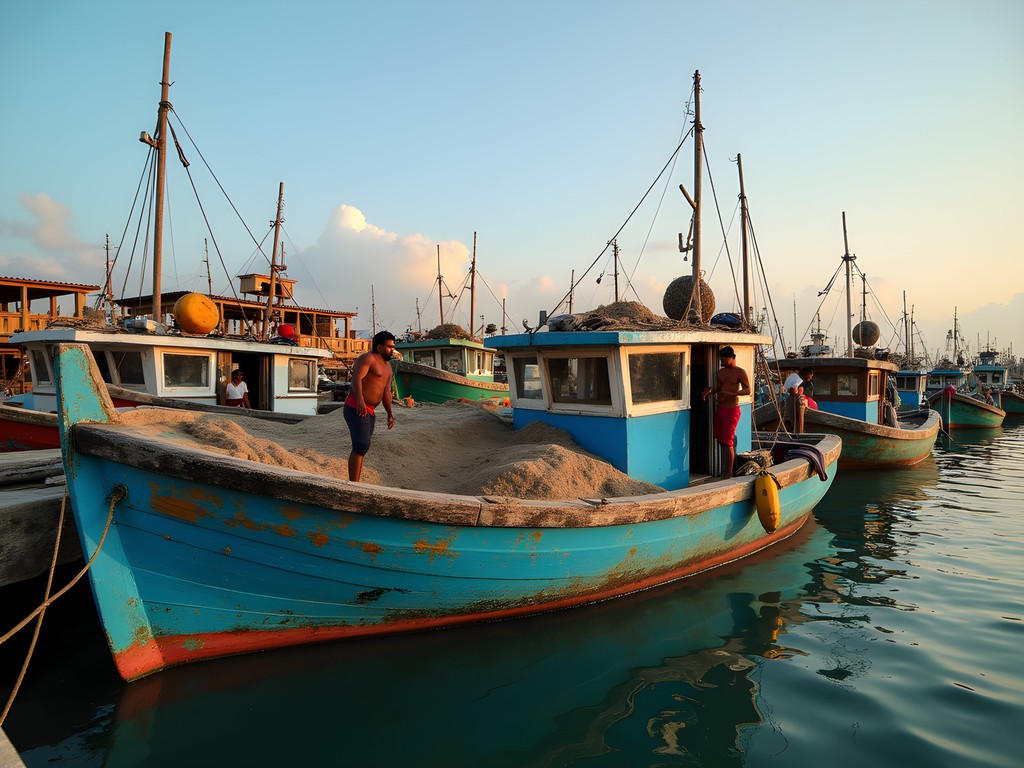 Colorful fishing boats at Puerto Juárez docks in early morning light