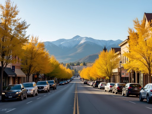 Downtown Carson City with fall foliage and Sierra Nevada mountains in background