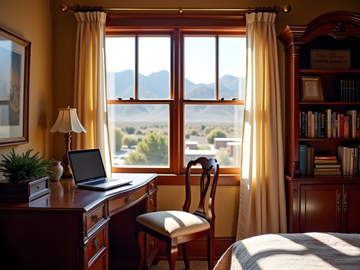Cozy Victorian-style workspace with desk, large windows, and mountain views in Carson City